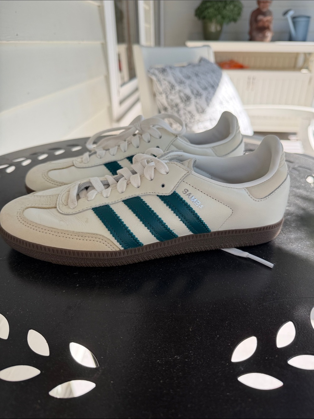 adidas Samba Leather Sneaker - Off-White with Teal Stripes and Gum Sole